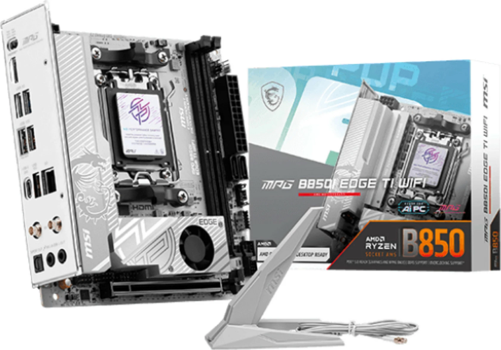 Pllakë amë MSI B850I EDGE TI WIFI, Socket AM5, mini ITX, DDR5 deri 128GB, Wi‑Fi 7, 5G LAN, e bardhë/argjendtë