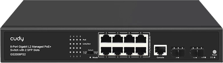 Ndërprerës Gigabit PoE+ i Menaxhuar me 8 Porta, Shtresa 2, me 2 Slote Gigabit SFP, 120W (GS2008PS2)