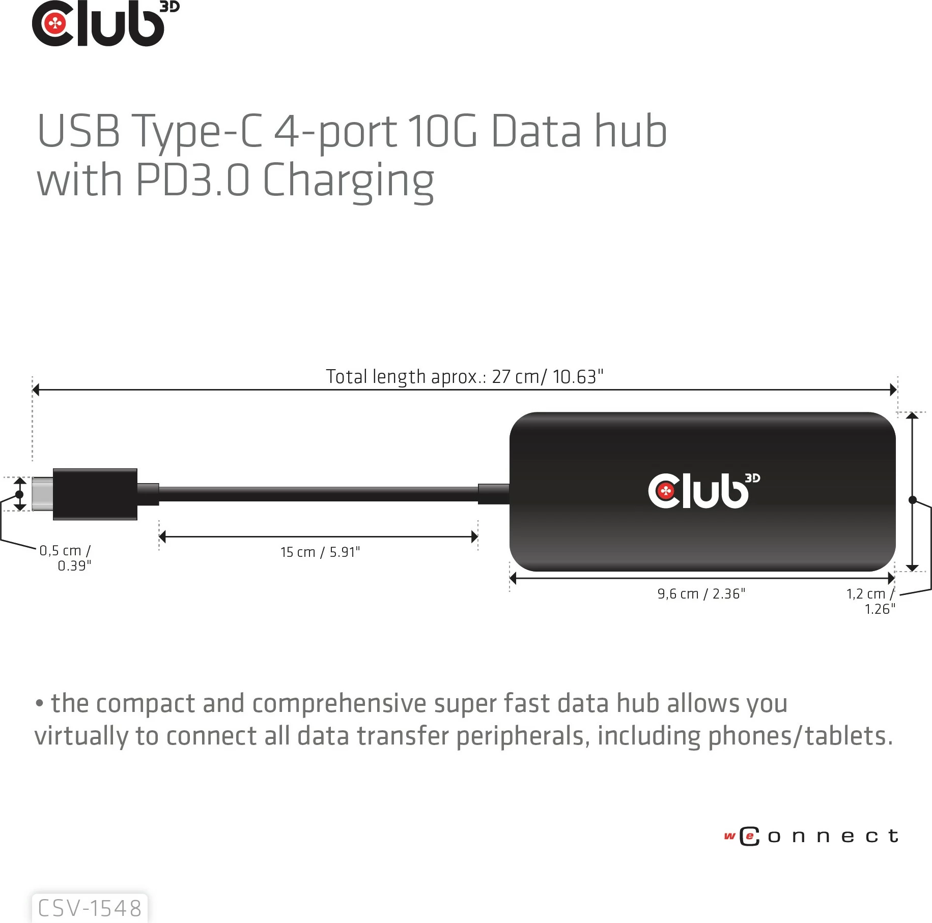 USB-Hub Club3D 4x USB Type-C 10Gbps + 100W PD, i zi