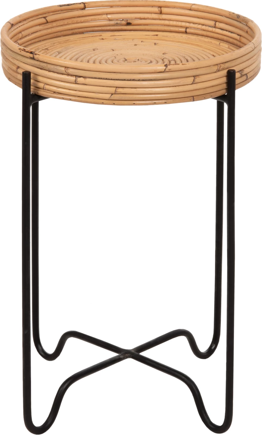 Tavolinë anësore e rrumbullakët FLY, ratan natyral, bazë metalike e zezë, FH7905, Φ32x48H cm