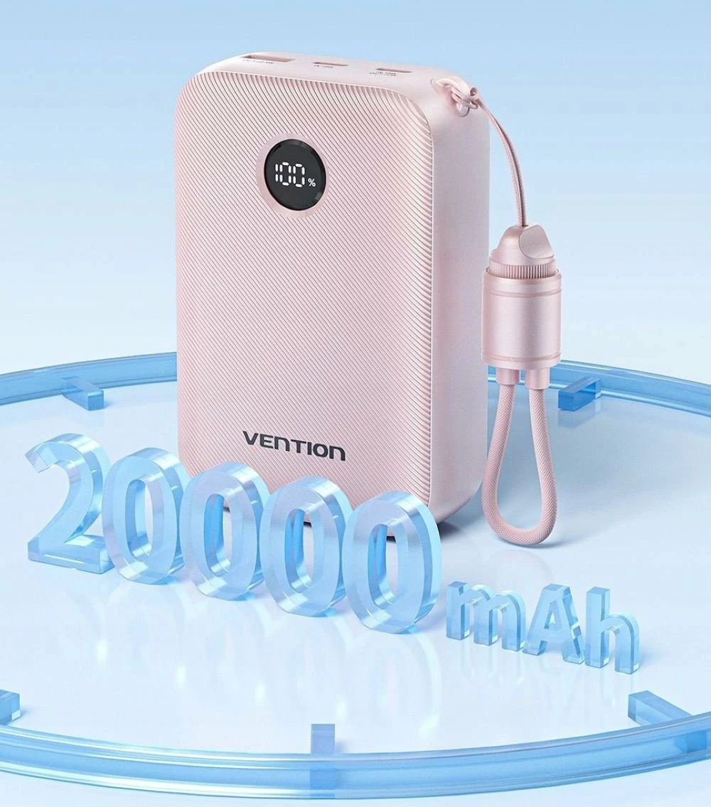 Powerbank Vention FKBN0-C 20000mAh 22.5W me display, kabllo USB-C të integrume 17cm, beige