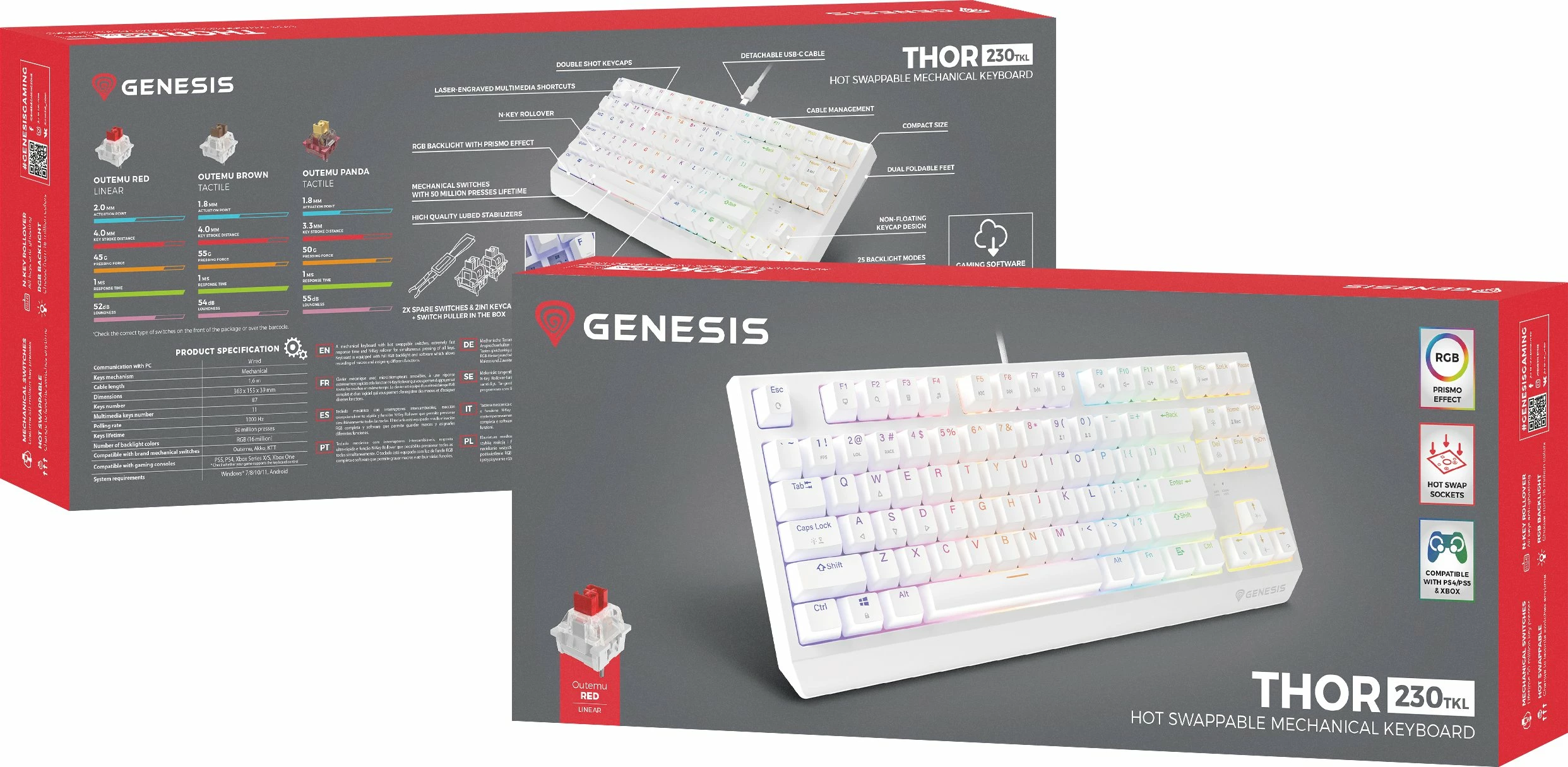 Tastierë mekanike gaming Genesis Thor 230 TKL, Outemu Red, Hot Swap, RGB, USB me kabllo 1.6 m, layout US, e bardhë (NKG-2078)