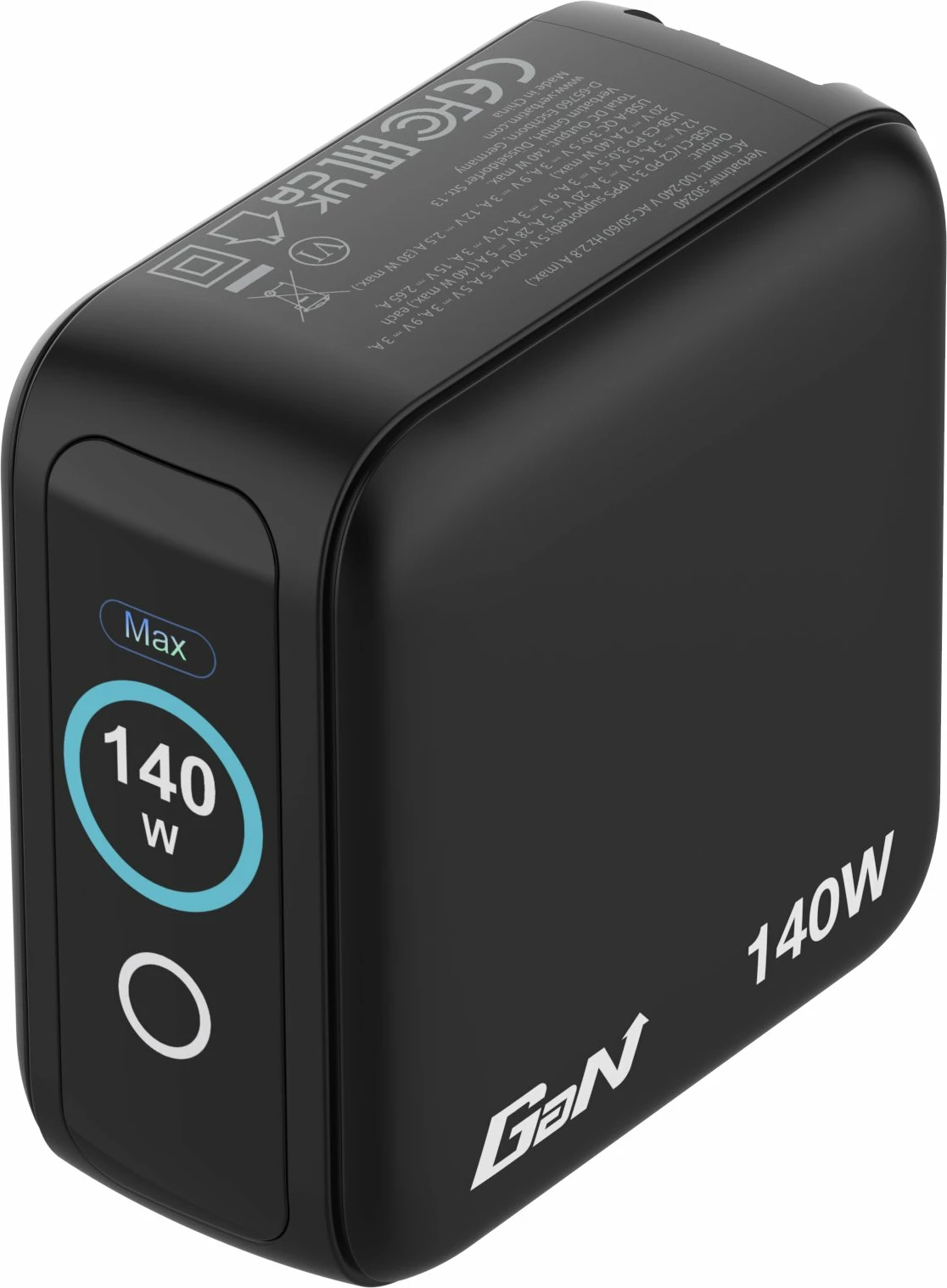 Karikues GaN Verbatim Mini 140W (30240) 3xUSB-C PD/1xUSB-A QC me ekran touch TFT, me priza ndërrueshme EU/UK/USA, i zi
