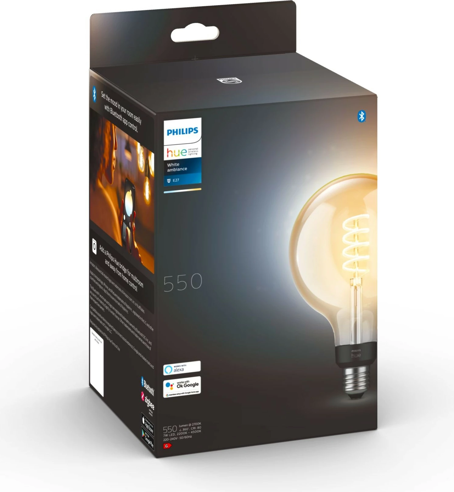 Llambë smart Philips Hue G125 E27, Bluetooth/Zigbee, LED, Dritë e ftohtë, Dritë e ngrohtë