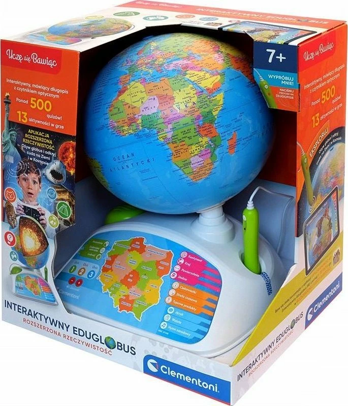 Glob edukativ interaktiv Clementoni Interactive Eduglobus 50847, me stilolaps folës, AR, 500+ kuize, 7+, shumëngjyrësh, set me stilolaps
