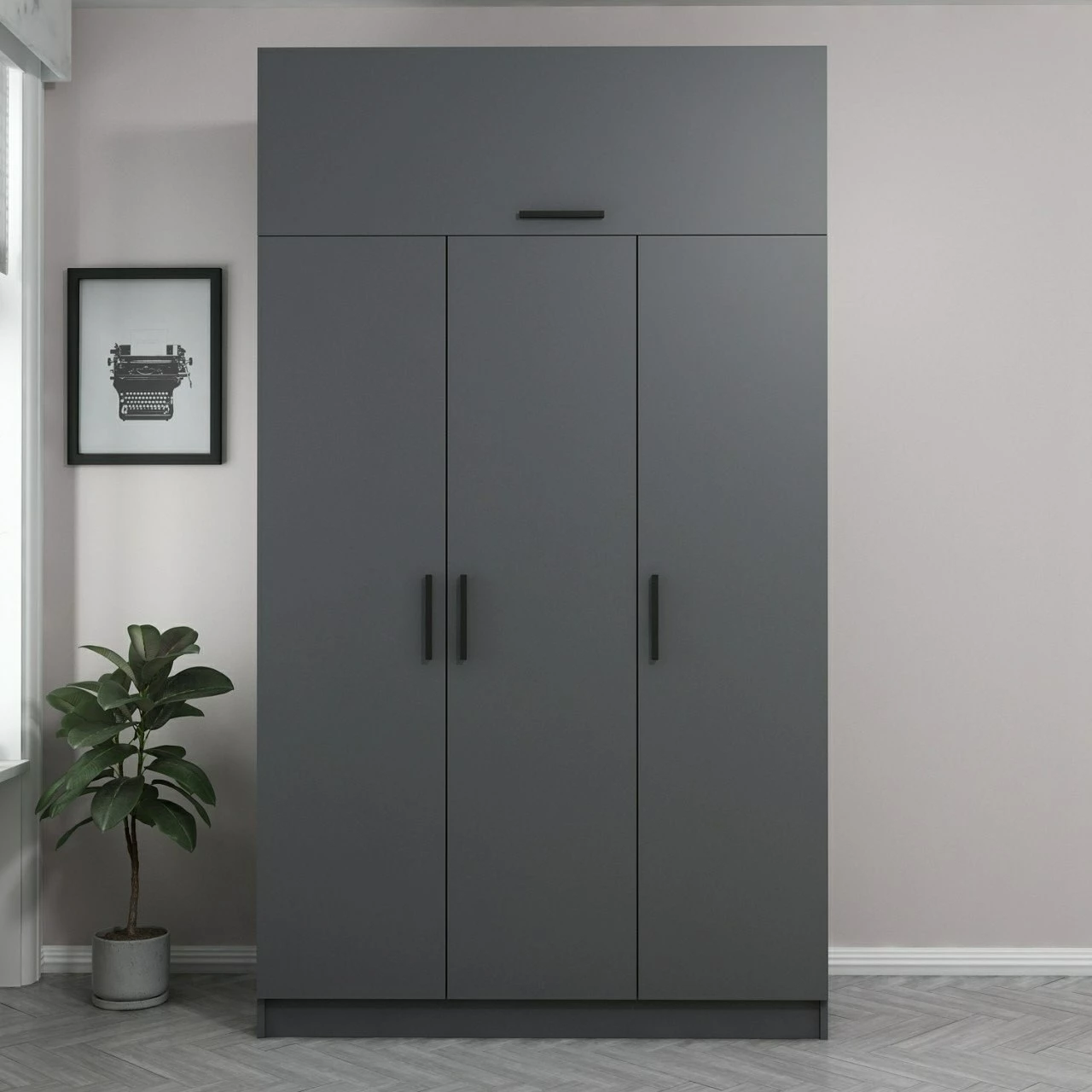 Dollap garderobe Skye Decor, 3 kapakë, 2 sirtarë, anthracite, 255cm