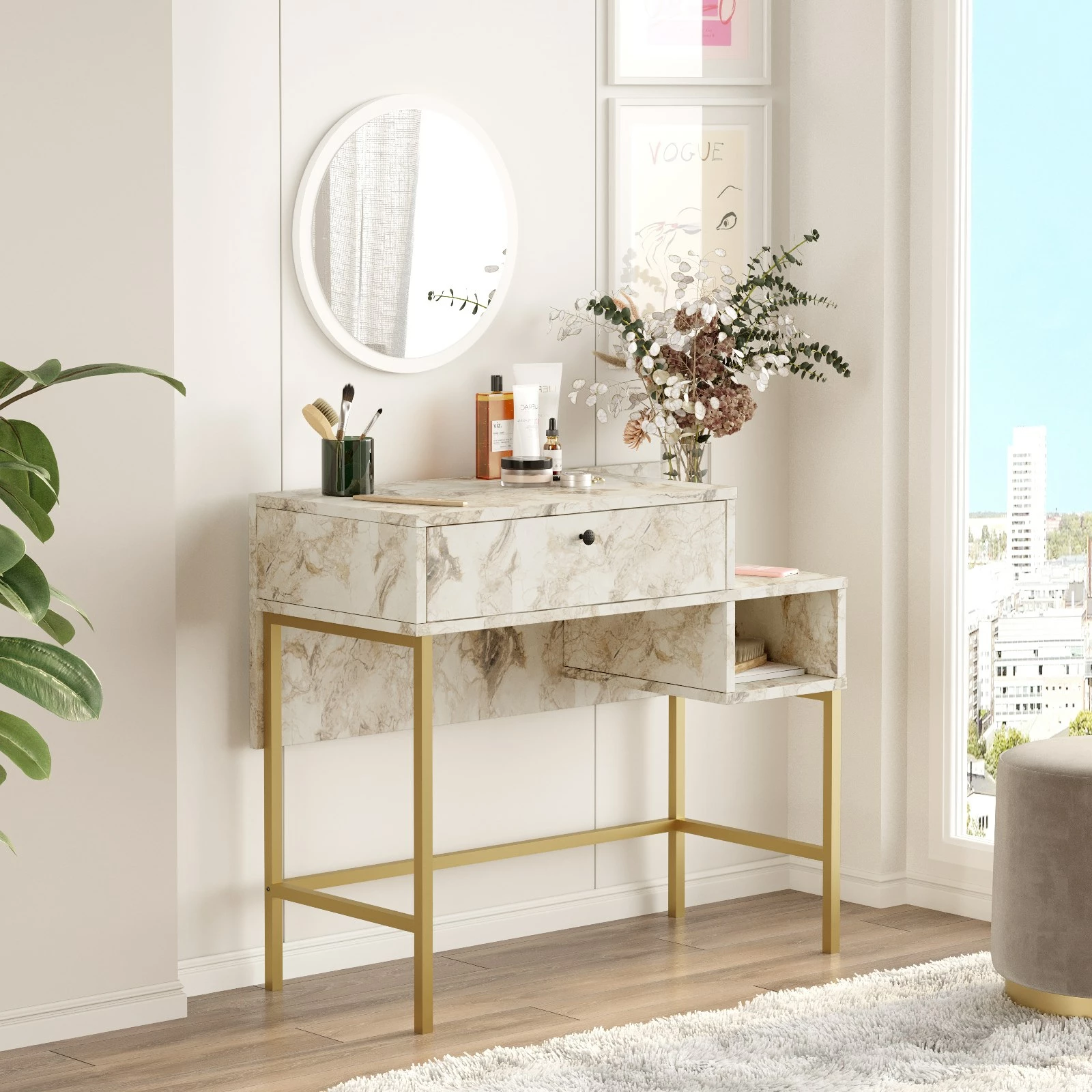 Tavolinë grimi Skye Decor, e bardhë dhe e artë, Vg31-Ge