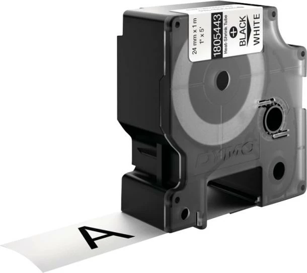 Shirit etiketimi tkurrës me nxehtësi, Dymo RHINO 1805443, 24 mm x 1 m, raport tkurrjeje 3:1, e zezë në të bardhë
