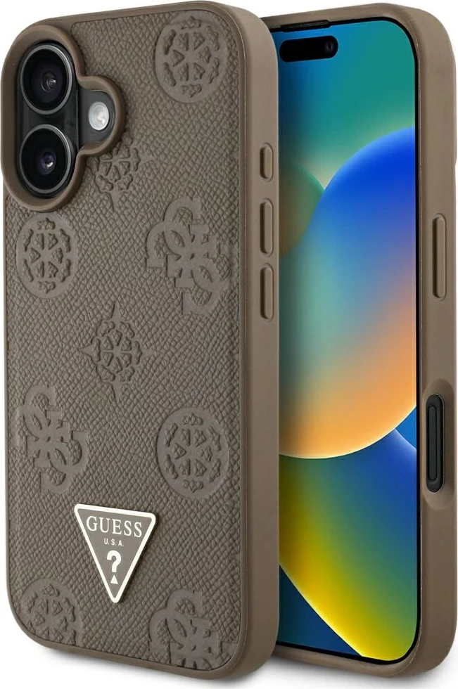 Mbështjellës Guess Grained Hot Stamp Peony Triangle Logo MagSafe për iPhone 16, Kafe
