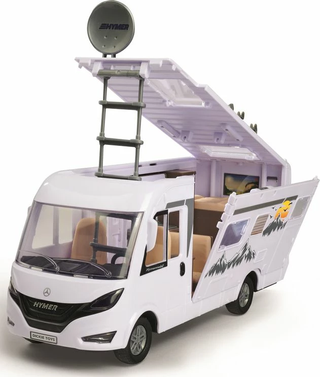 Set kamper lodër Dickie Playlife Holiday Camper Hymer B-Class 1:24 30 cm, i bardhë, me aksesorë