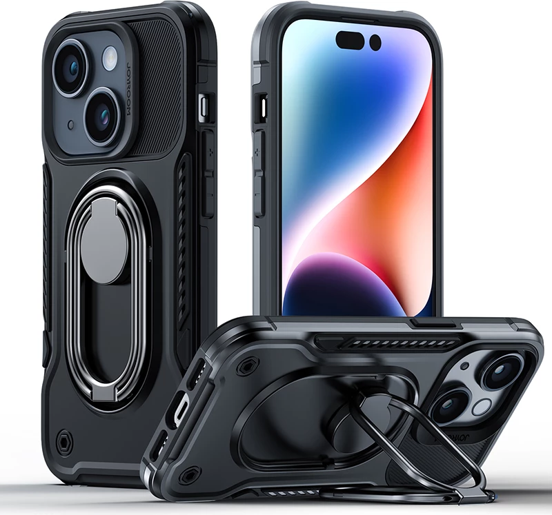 Mbështjellës Joyroom Dual Hinge për iPhone 14, me mbajtëse dhe ring holder, zi