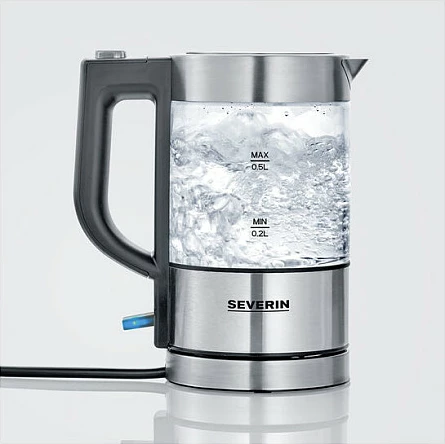 Çajnik elektrik Severin WK 3472, 0.5L, qelq/inoks, argjend