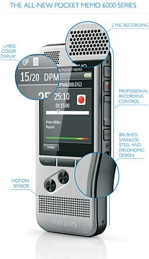 Diktafon Philips DPM 6000/02, 1000 mAh, SD/SDHC, ekran 2.4", zi/argjend