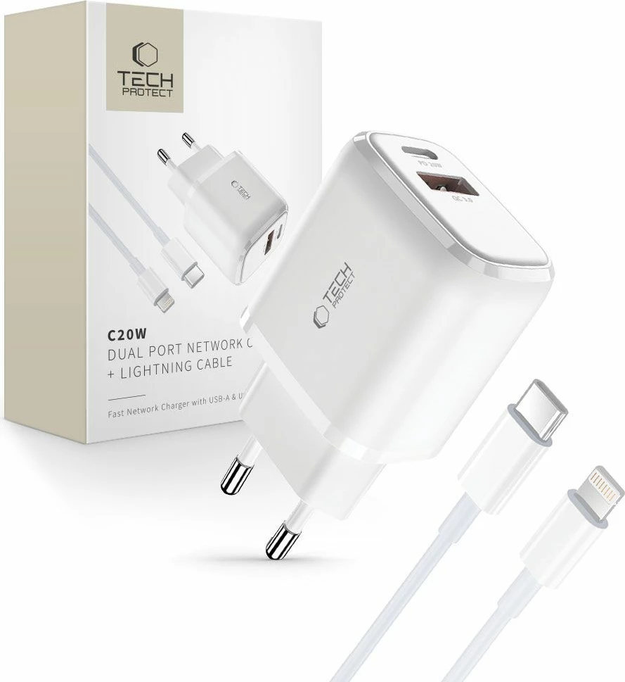 Karikues muri Tech-Protect C20W me USB-C PD 20W / USB-A QC 3.0 dhe kabllo USB-C në Lightning, Bardhë