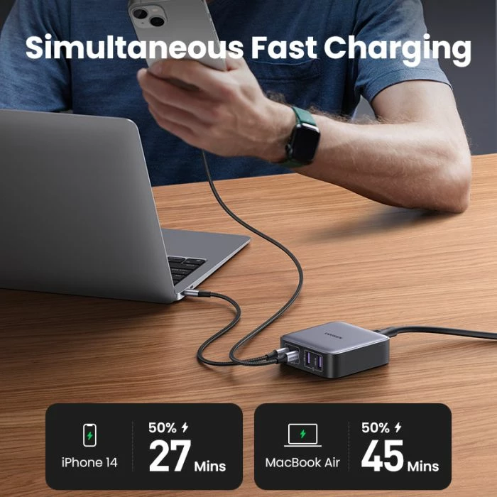 Karikues GaN UGREEN Nexode 65W, 2x USB-C, 2x USB-A, PD 3.0/QC4+, gri e errët