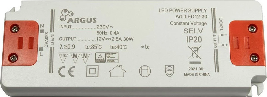Trafo LED Inter-Tech LED12-30, 30W, 12V, 2.5A, IP20, bardhë/portokalli