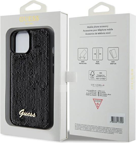 Mbështjellës Guess Sequin Script Metal për iPhone 13/14/15, i zi