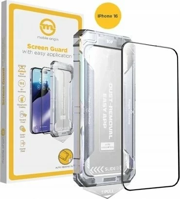 Xham i kalitur mbrojtës ekrani Mobile Origin Screen Guard SGZ-i16 për iPhone 16 9H 0.33mm full display me kornizë aplikimi, transparent me kornizë të zezë, 1 copë