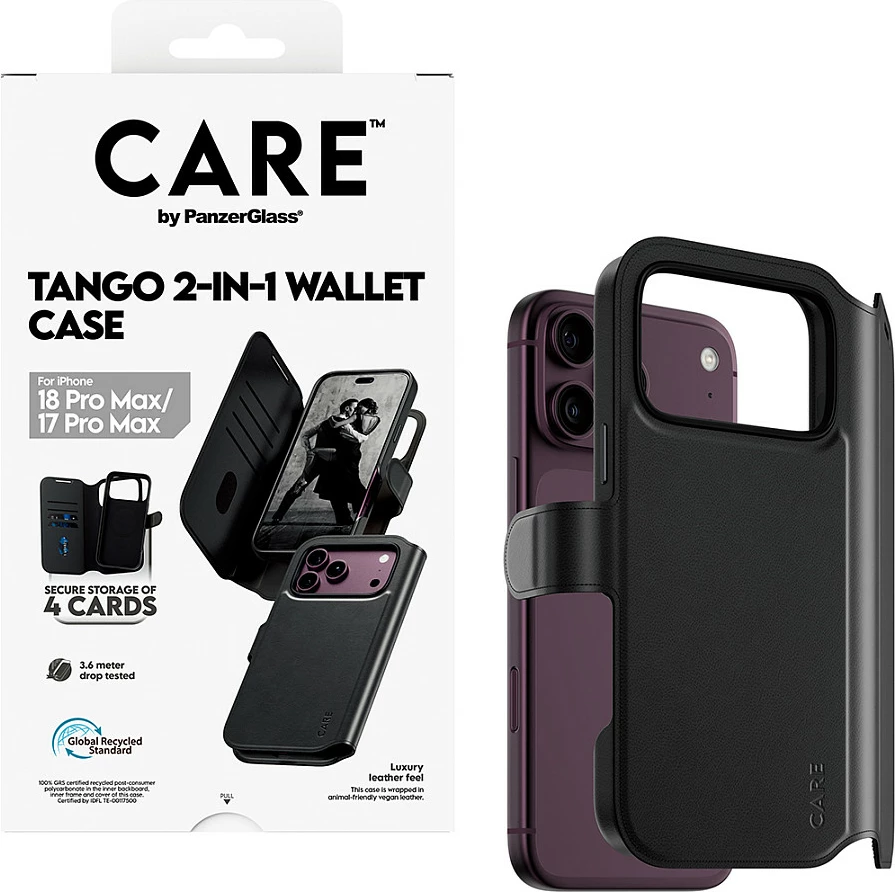Mbështjellës PanzerGlass CARE Tango 2-në-1 Wallet Case, MagSafe, për iPhone 18 Pro Max / 17 Pro Max, i zi