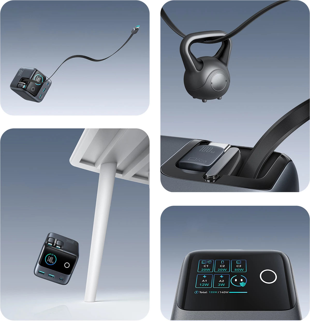 Karikues tavoline GaN, Joyroom Podix JR-TRD01, 140W, 5 porta me dy kabllo USB-C tërheqëse, gri