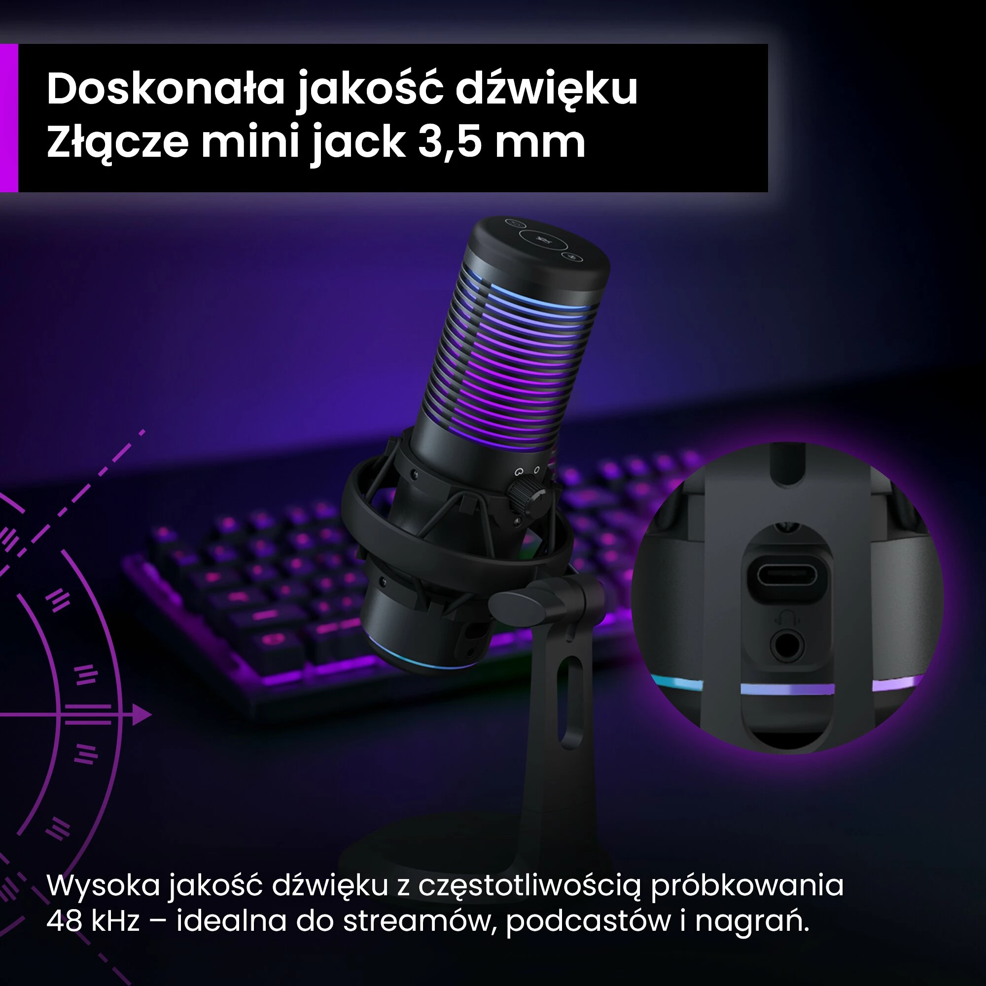 Mikrofon gaming USB PREYON Osprey Scream POS43B, RGB, cardioid/omnidirectional, me krah dhe kapëse tavoline, i zi