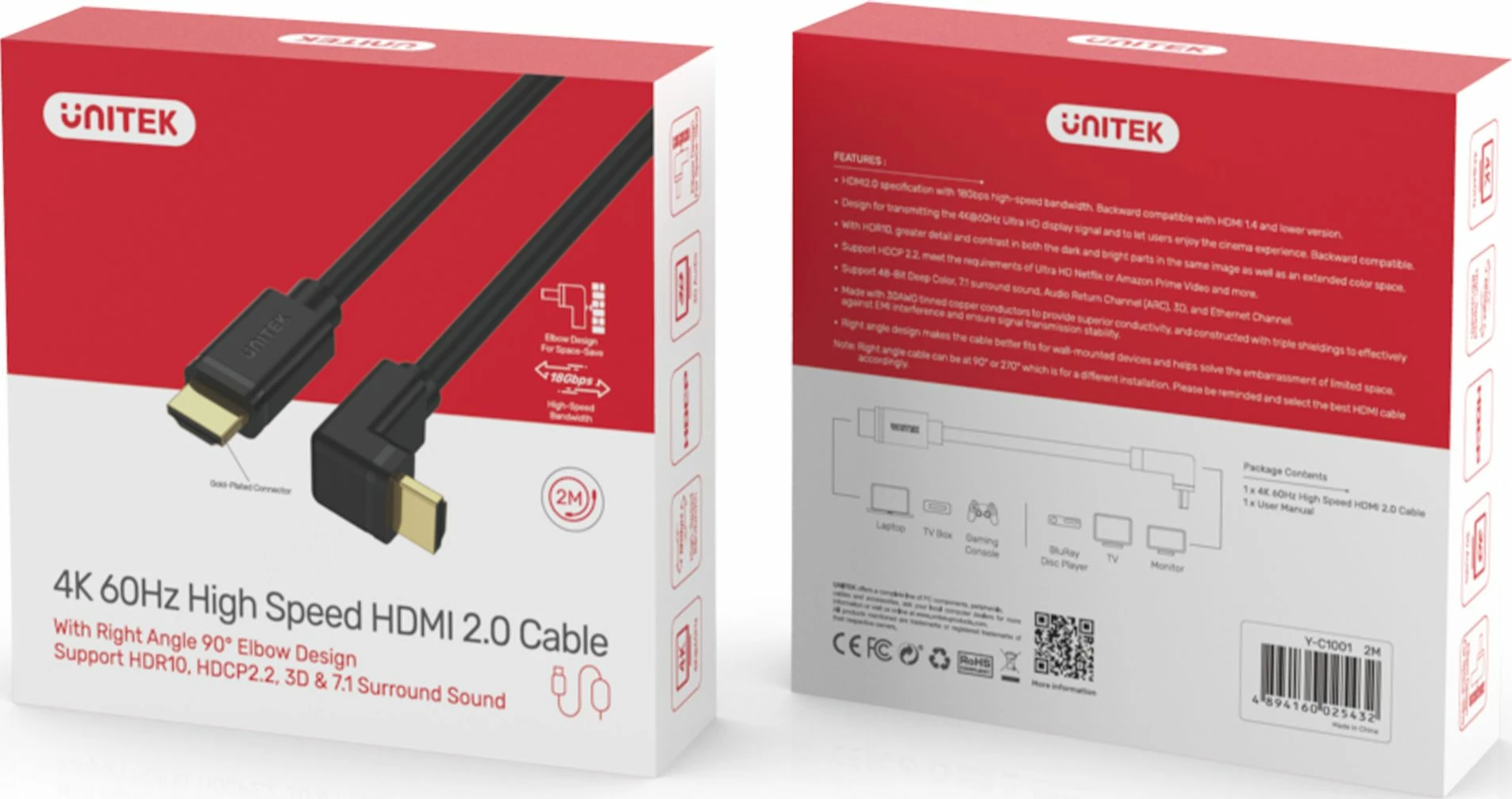 Kabllo HDMI Unitek Y-C1001, 2m, HDMI 2.0, konektor këndor 90°, e zezë