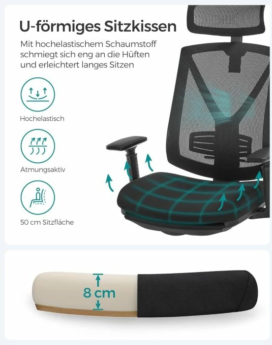 Karrige zyre SONGMICS OBN61BKV1 ergonomike me mbështetëse këmbësh, 150 kg, e zezë