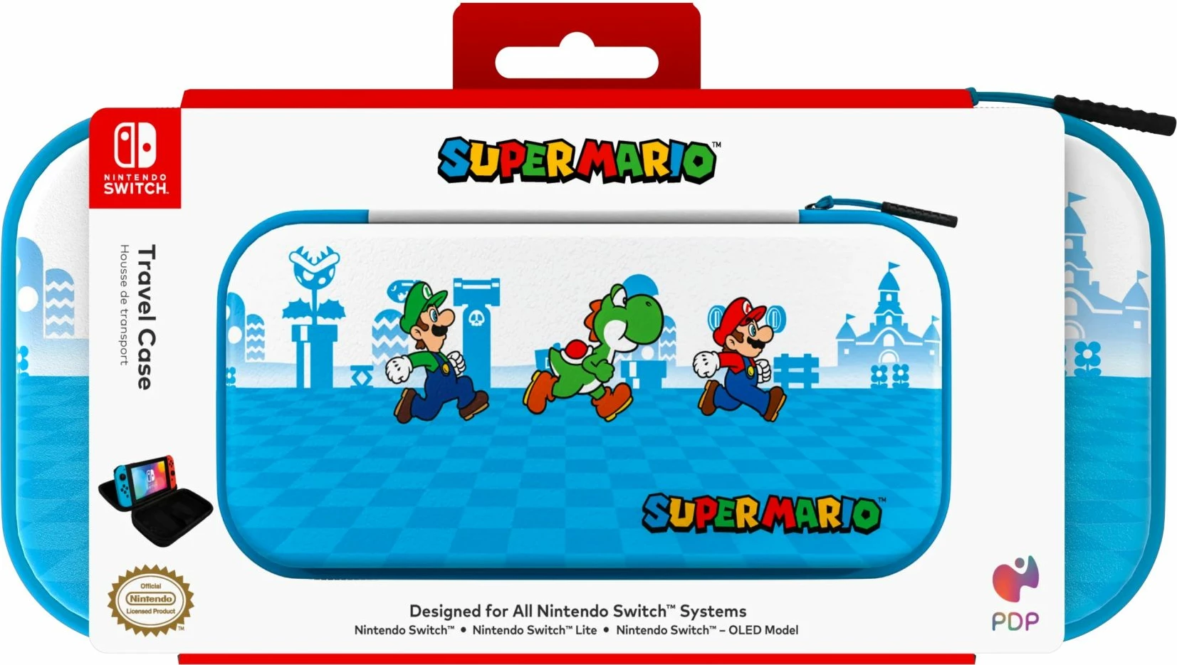 Kasë udhëtimi PDP Mario Escape për Nintendo Switch/Lite/OLED, me stand të integruar, bardhë me kaltër