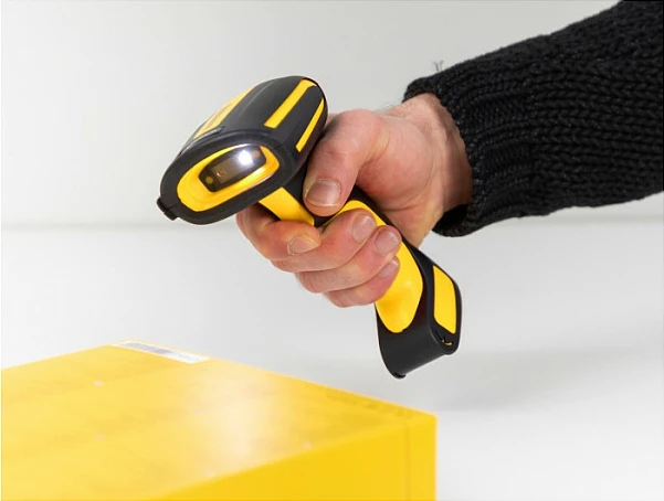 Skaner barkodesh DeLOCK Industrial 1D/2D, Bluetooth 4.1/433 MHz, me bazë karikimi induktive, zi/verdhë