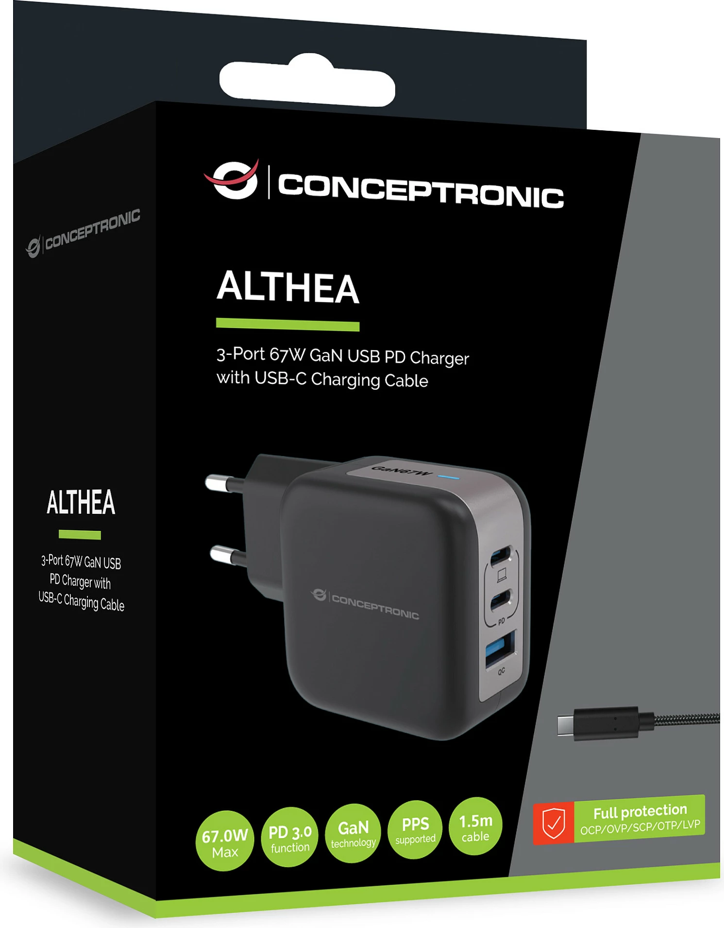 Karikues USB-C Conceptronic 67W GaN, 3 porta (2x USB-C PD, 1x USB-A QC), kabllo USB-C 1.5m, i zi