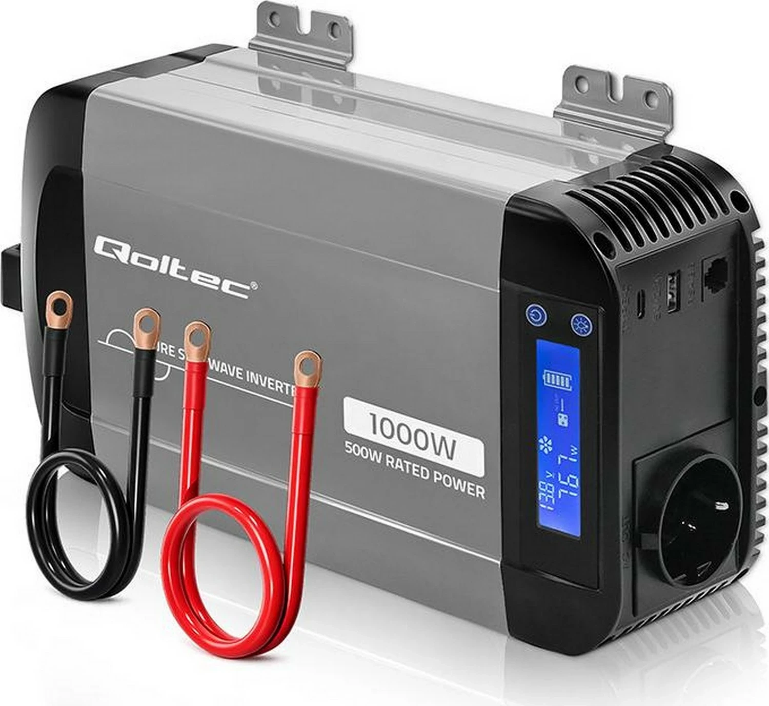 Inverter Qoltec Pure Sine Wave 12V në 230V 500/1000W, hiri