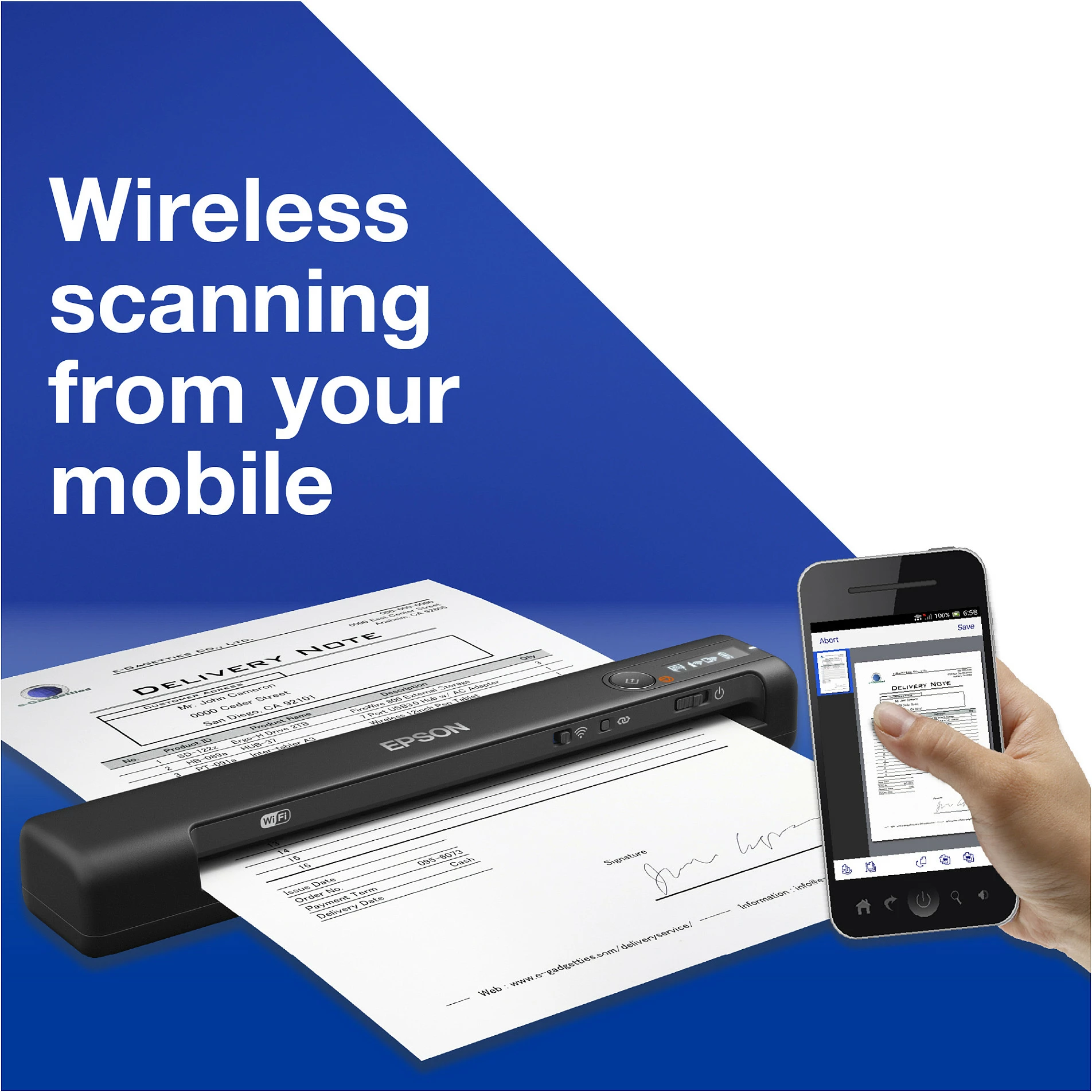 Skaner portativ Epson WorkForce ES-60W, Wi-Fi, bateri, 600 x 600 DPI
