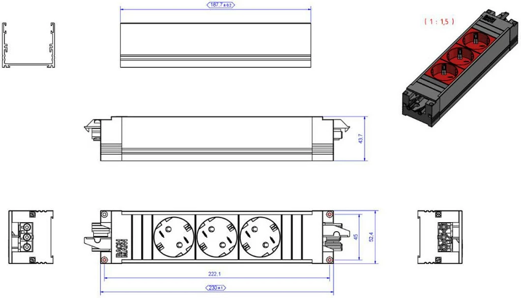 Bllok prizash Bachmann STEP BASE, 3xCEE7/3, GST18, 16A, 250V, gri/kuqe