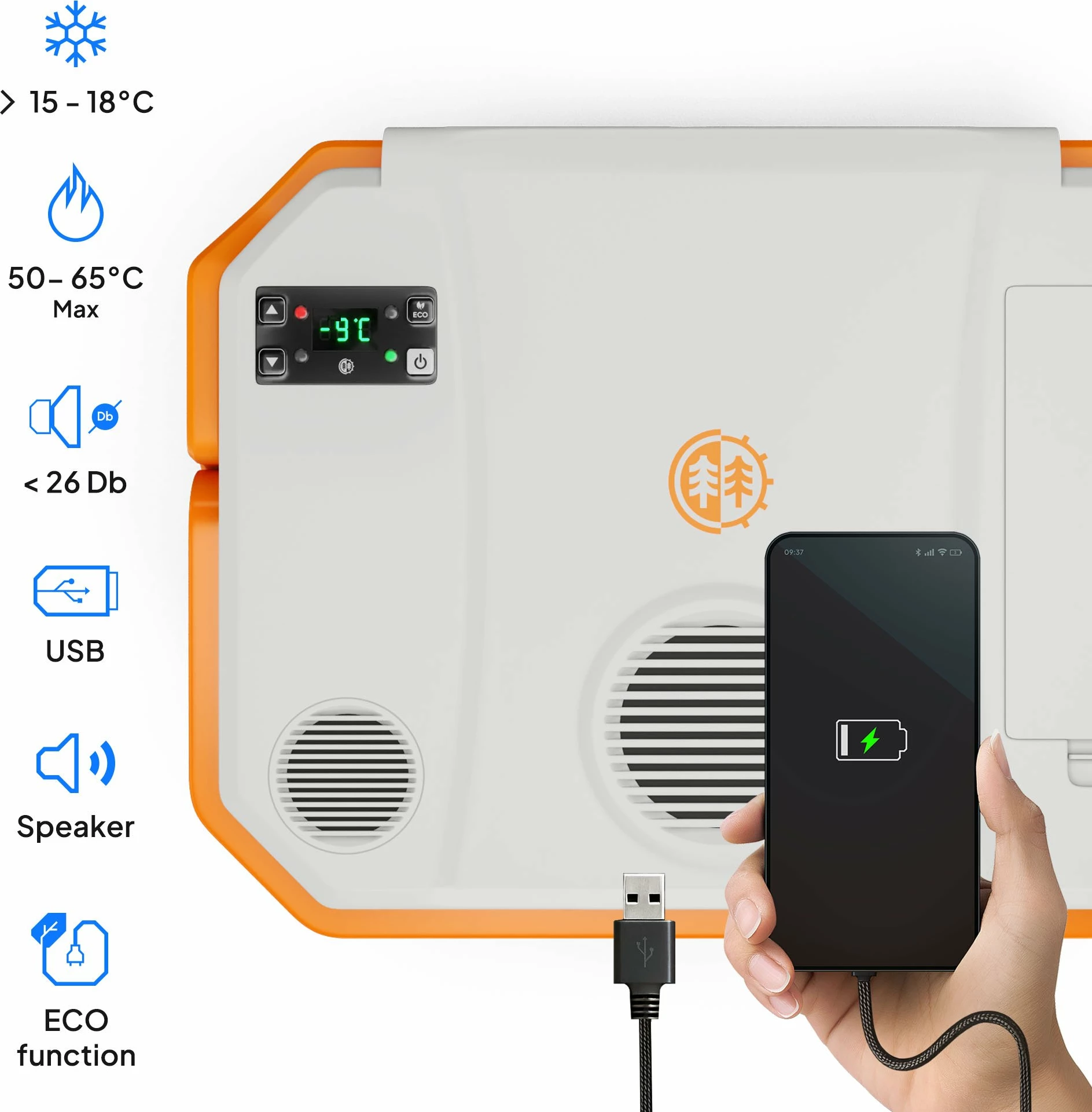 Frigorifer portativ kampingu Peme Trip 31.5 L, ftohje/ngrohje, AC/DC 12V/230V, USB, Bluetooth, portokalli