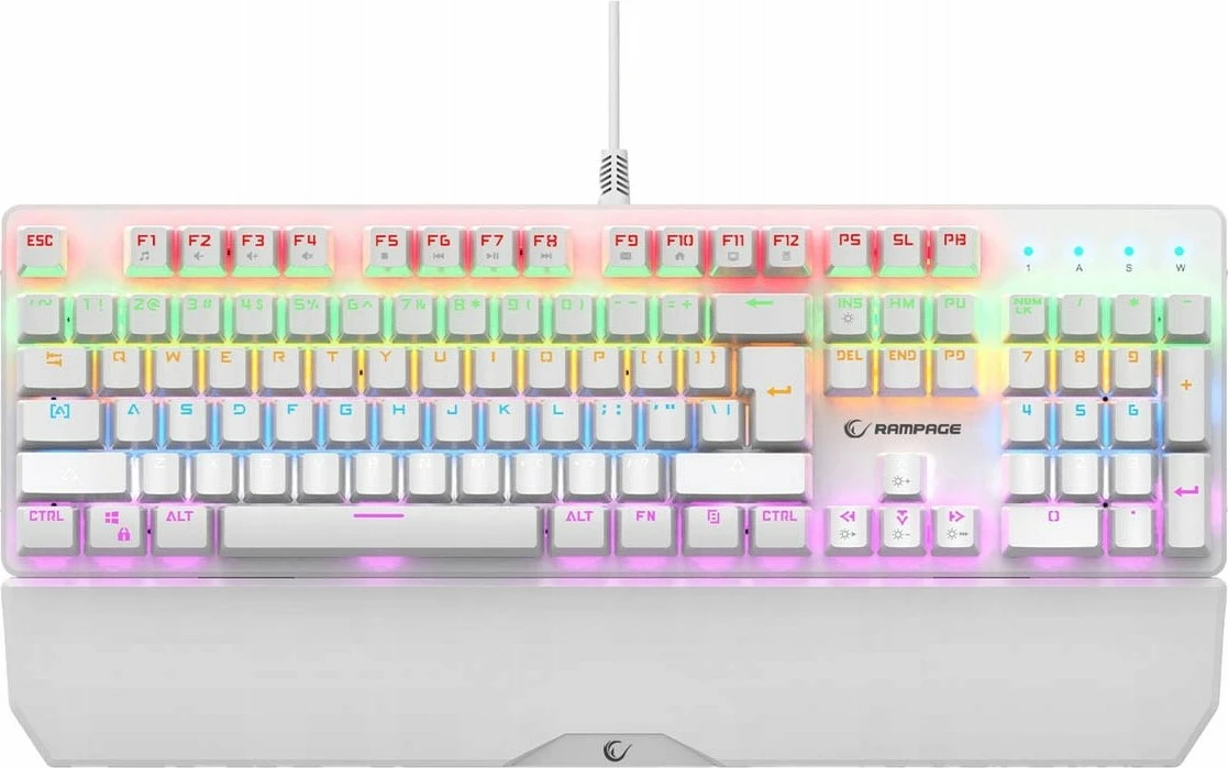 Tastierë mekanike gaming Rampage KB-R86 Umbra, Kaicheng Blue, full-size 105 taste, RGB, USB me kabllo 1.5 m, me mbështetëse dore, e bardhë