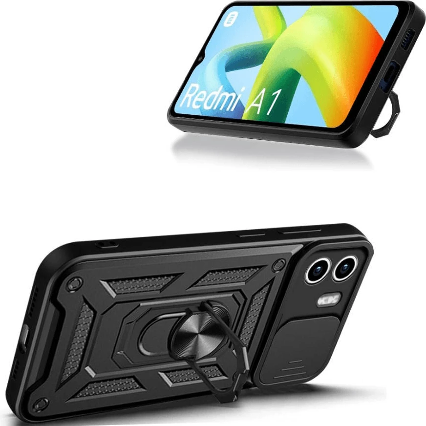 Mbështjellës silikoni armor me unazë ONASI për Xiaomi Redmi A1, me mbrojtje kamere, i zi