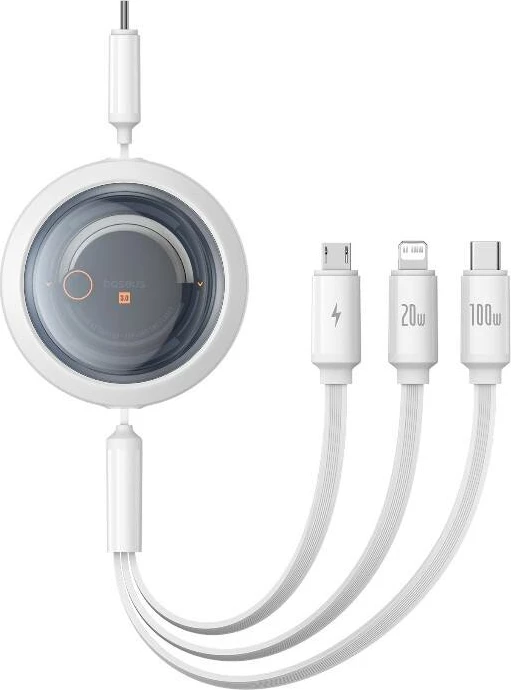 Kabllo karikimi 3-në-1 Baseus Free2Draw, USB-C në USB-C/Lightning/Micro, 100W, 1.1m, Bardhë