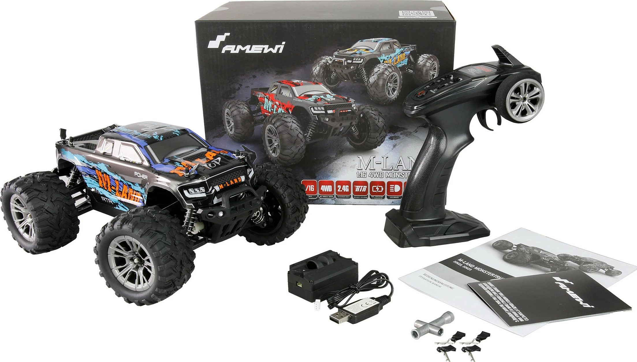 Monstertruck me telekomandë AMEWI M-Land, 1:16, 4WD, 48 km/h, RTR, blu