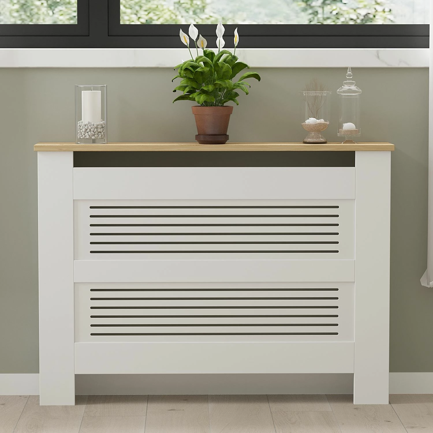Kapak radiatorësh Skye Decor, ngjyrë lis safir dhe e bardhë