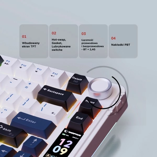 Tastierë mekanike wireless Rampage Quell Pro, 75%, RGB, Hot-Swap, Bluetooth/2.4G, e bardhë