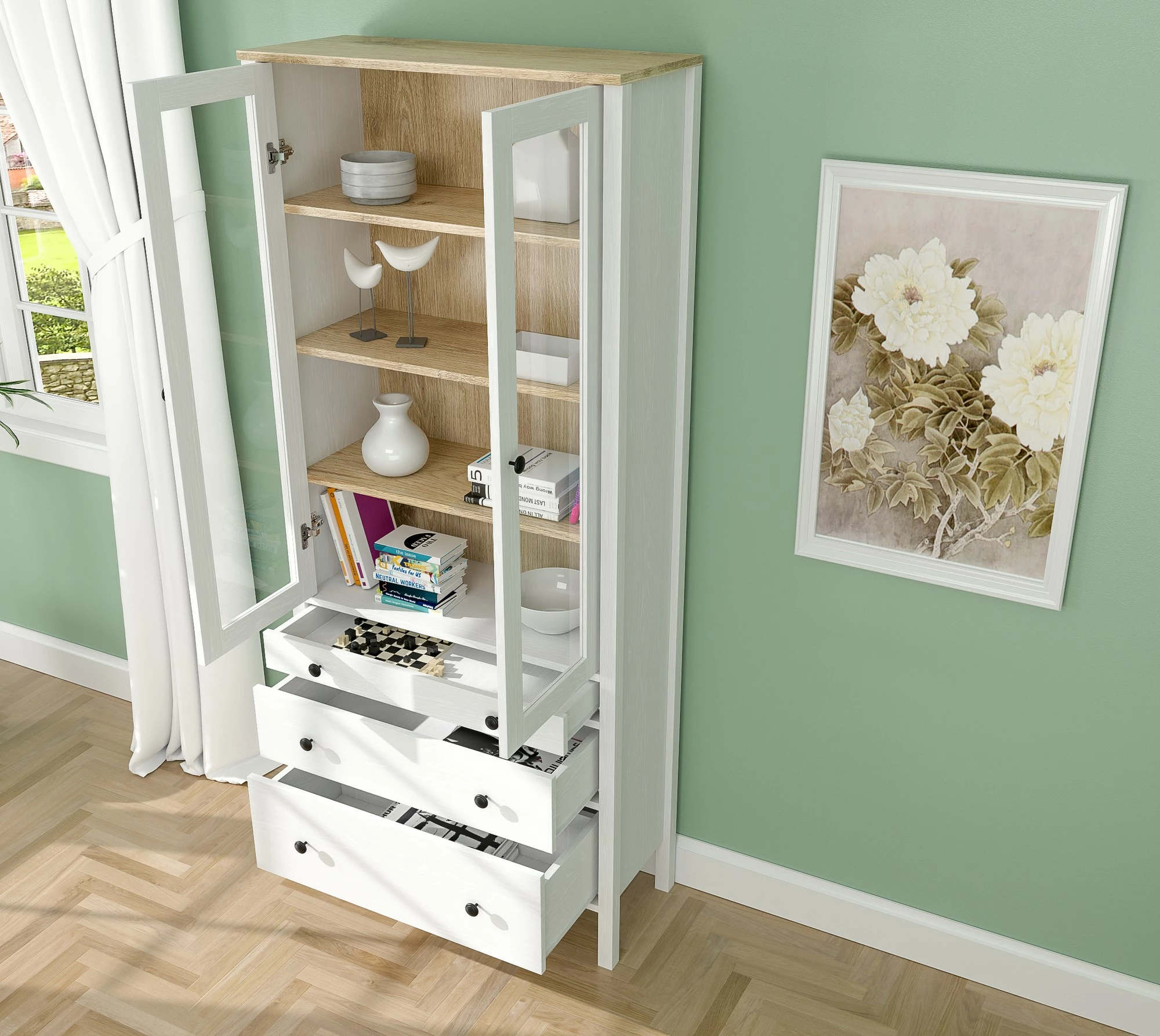 Raft librash Hanah Home, FRN-20069, ngjyrë druri dhe e bardhë