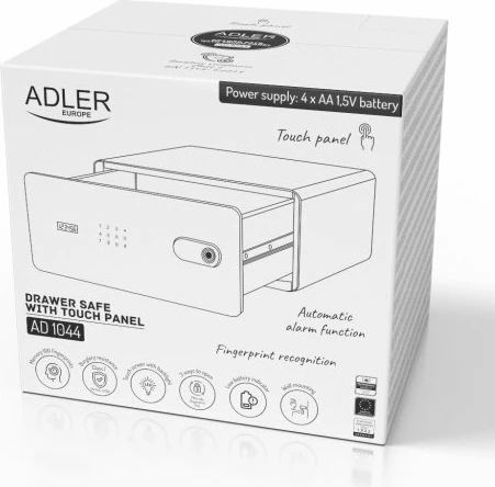 Kasafortë sirtar Adler AD 1044, 17 L, touch panel, kod + fingerprint + çelës emergjent, e zezë, set me 2 çelësa