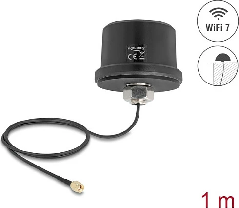 Antena WiFi 7 DeLOCK ULA100, RP-SMA, 3.5 dBi, kabllo 1 m, outdoor, e zezë