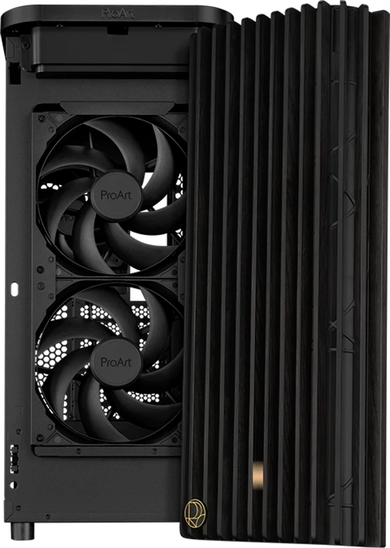 Kasë ASUS ProArt PA401 Wood Edition ATX, panel xhami të temperuar, mbështetje radiator 240 mm, 1x120 mm + 2x160 mm ventilatorë, USB-C 20Gbps, e zezë