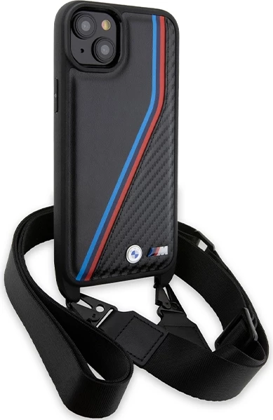 Mbështjellës BMW M Edition Carbon Tricolor Lines & Strap për iPhone 15/14/13, i zi