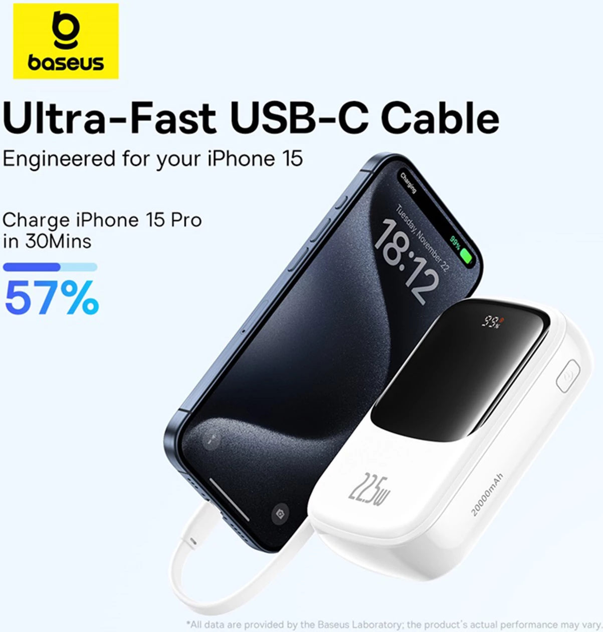 Powerbank Baseus QPow Pro+ 20000mAh me display, 22.5W, kabllo USB-C e integruar, Bardhë