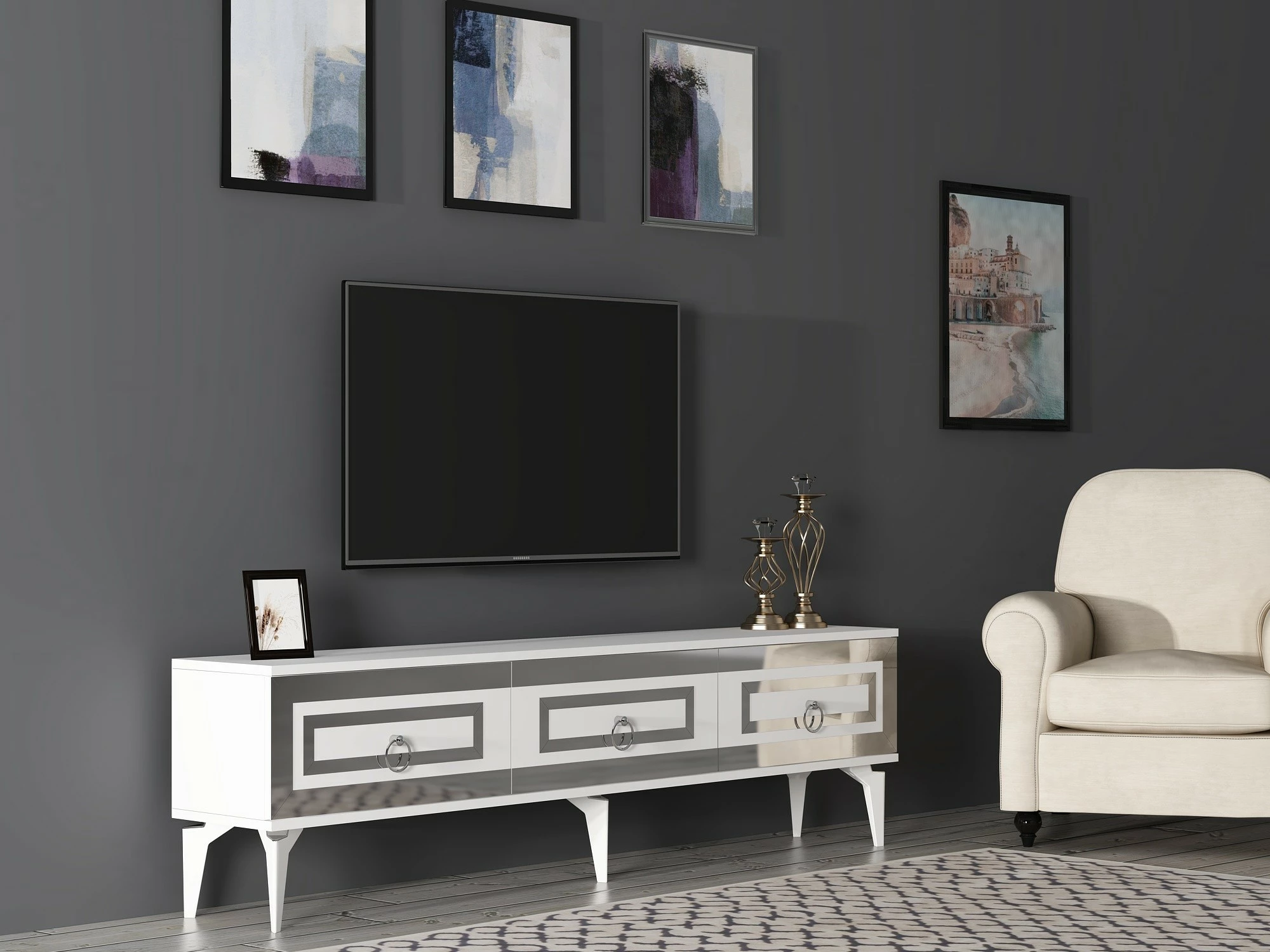 Komodë TV Hanah Home, Karya, e bardhë dhe argjend