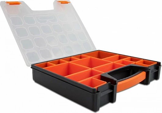 Kuti organizimi DeLOCK, 14 ndarje, 312 x 272 x 60 mm, plastike, zezë/portokalli