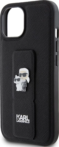 Mbështjellës Karl Lagerfeld Gripstand Saffiano Karl&Choupette Pins për iPhone 15 Plus / 14 Plus, i zi