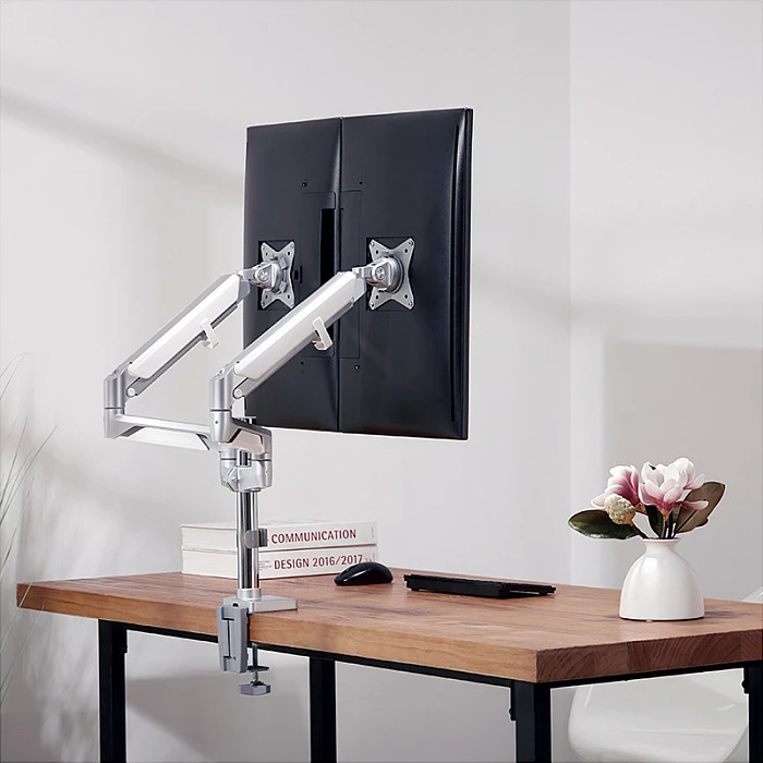 Mbajtëse dy monitorë LogiLink, 17"-32", alumini, gas spring, me shtyllë, argjendtë
